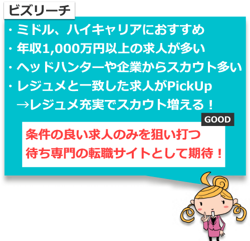 ビズリーチは条件の良い求人のみを狙い打つ。待ち専門の転職サイトとして期待